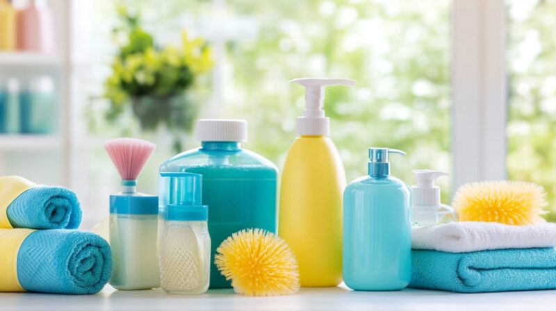 Colorful hygiene products and towels on a bathroom counter