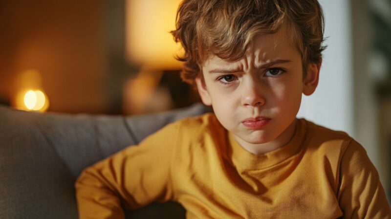 A young boy in a yellow shirt looking upset and frowning on a couch