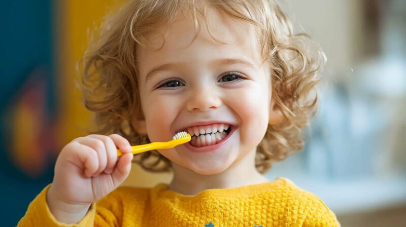 Smiling toddler brushing teeth with a yellow toothbrush