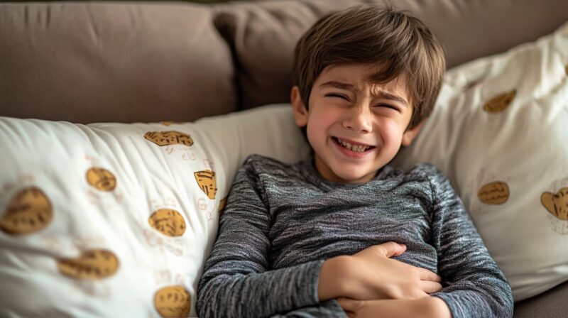 Young boy lying on a couch, holding his stomach and wincing in pain