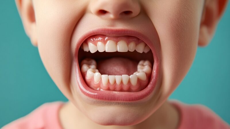 Close-up of a child’s mouth showing double rows of baby and permanent teeth