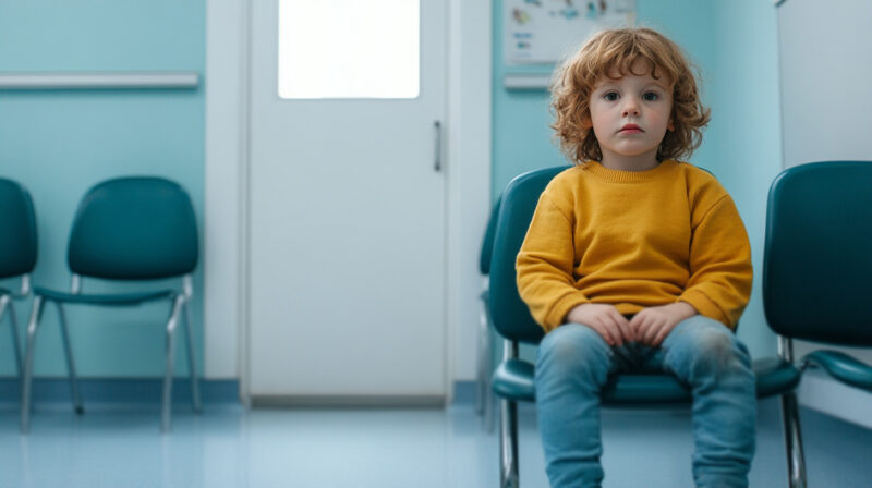 Child sitting alone in a clinic waiting room, looking apprehensive before a dental appointment