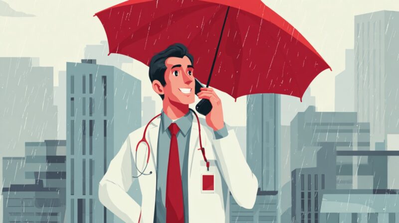 Illustration of a smiling doctor holding a red umbrella in the rain while talking on a phone in a cityscape background