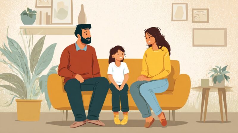 Illustration of a family sitting together on a couch, having a thoughtful conversation in a cozy living room setting