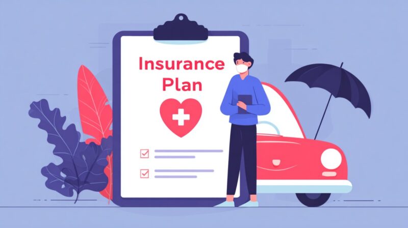 Illustration of a masked person standing in front of a clipboard labeled “Insurance Plan” with a red car and umbrella in the background