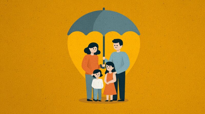 Illustration of a smiling family of four standing under an umbrella shaped like a heart, symbolizing protection and support