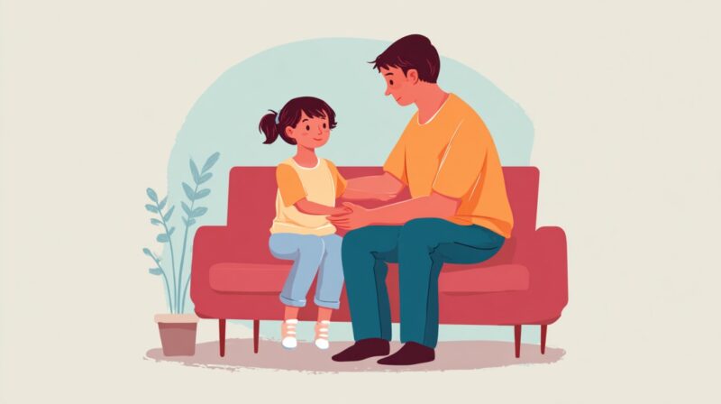 Illustration of a parent and child sitting on a couch, smiling and talking together in a warm, comforting setting